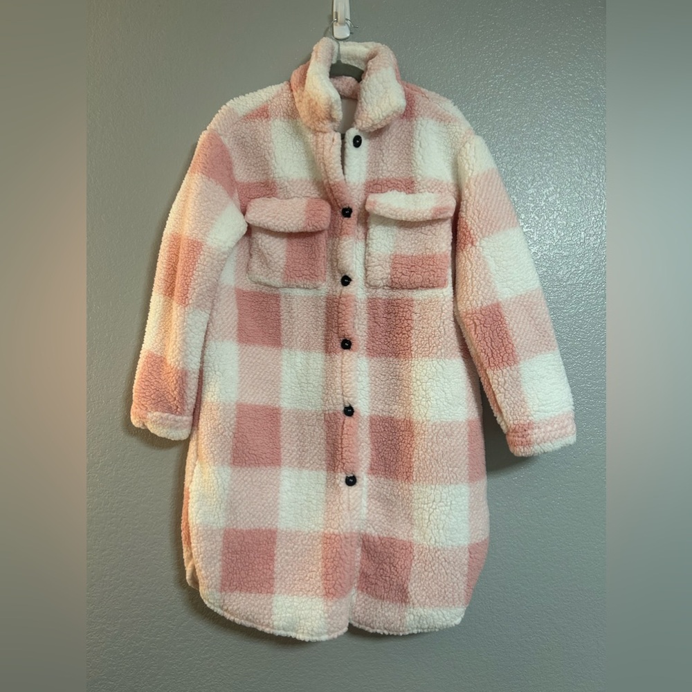 Pink White Plaid Button Down Fleece teddy Coat jacket size small
